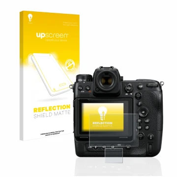 Face avant d’un emballage produit avec le logo de la marque upscreen. À côté, l’appareil Nikon Z 9 (Affichage + affichage des 