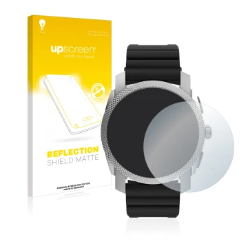 Face avant d’un emballage produit avec le logo de la marque upscreen. À côté, l’appareil Fossil Gen 6 Hybrid Machine (45mm) es