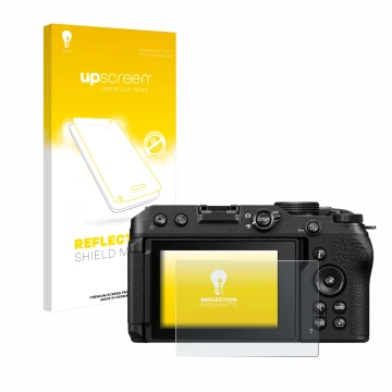 Face avant d’un emballage produit avec le logo de la marque upscreen. À côté, l’appareil Nikon Z 30 est représenté avec la pro