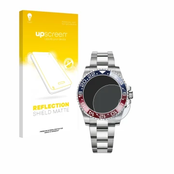 Face avant d’un emballage produit avec le logo de la marque upscreen. À côté, l’appareil Rolex GMT-Master II est représenté av