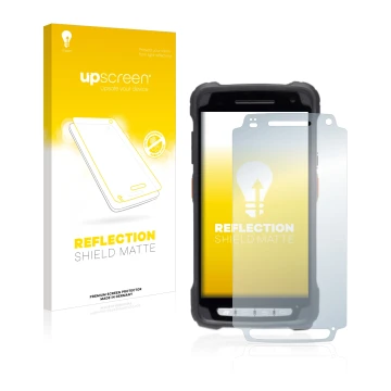 Face avant d’un emballage produit avec le logo de la marque upscreen. À côté, l’appareil Janam XT3 est représenté avec la prot