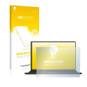 Face avant d’un emballage produit avec le logo de la marque upscreen. À côté, l’appareil ASUS ZenBook Pro 14 Duo OLED UX8402 e
