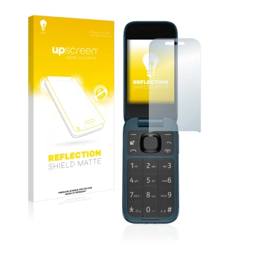 Face avant d’un emballage produit avec le logo de la marque upscreen. À côté, l’appareil Nokia 2660 Flip est représenté avec l