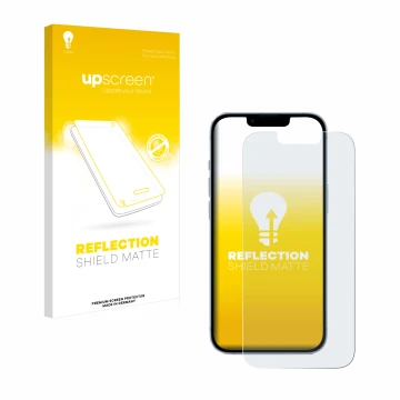 Face avant d’un emballage produit avec le logo de la marque upscreen. À côté, l’appareil Apple iPhone 14 est représenté avec l