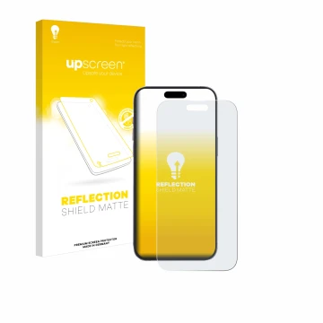 Face avant d’un emballage produit avec le logo de la marque upscreen. À côté, l’appareil Apple iPhone 14 Pro Max est représent