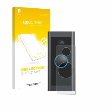 Face avant d’un emballage produit avec le logo de la marque upscreen. À côté, l’appareil Ring Video Doorbell Wired est représe