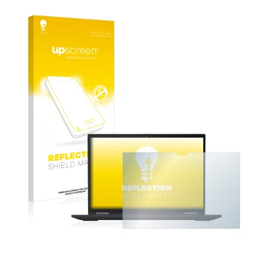 Face avant d’un emballage produit avec le logo de la marque upscreen. À côté, l’appareil Lenovo ThinkPad X13 Yoga Gen 3 est re