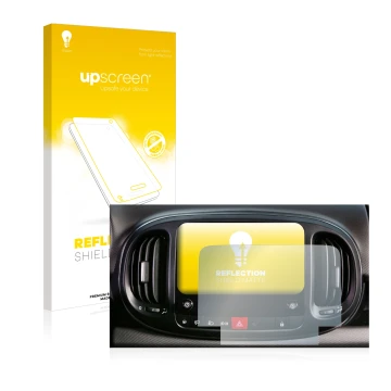 Face avant d’un emballage produit avec le logo de la marque upscreen. À côté, l’appareil Fiat 500L 2022 Uconnect 7