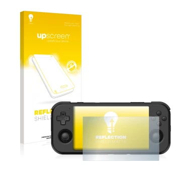 Face avant d’un emballage produit avec le logo de la marque upscreen. À côté, l’appareil Retroid Pocket 3 est représenté avec 