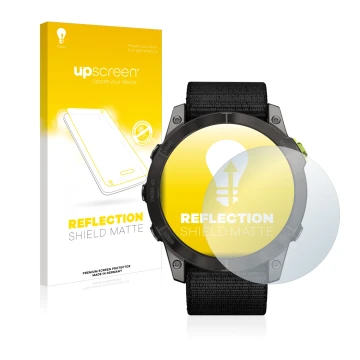 Face avant d’un emballage produit avec le logo de la marque upscreen. À côté, l’appareil Garmin Enduro 2 est représenté avec l