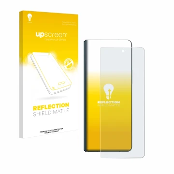 Face avant d’un emballage produit avec le logo de la marque upscreen. À côté, l’appareil Samsung Galaxy Z Fold 4 est représent