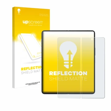Face avant d’un emballage produit avec le logo de la marque upscreen. À côté, l’appareil Samsung Galaxy Z Fold 4 (Affichage in