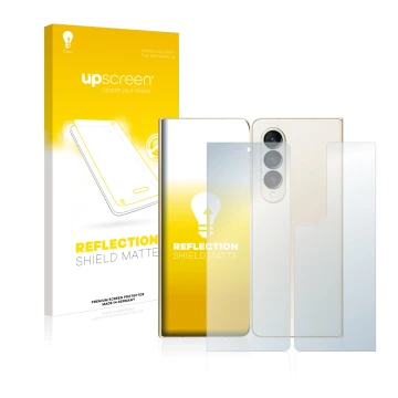 Face avant d’un emballage produit avec le logo de la marque upscreen. À côté, l’appareil Samsung Galaxy Z Fold 4 (Avant+Arrièr