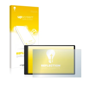 Face avant d’un emballage produit avec le logo de la marque upscreen. À côté, l’appareil Garmin Camper 795 est représenté avec