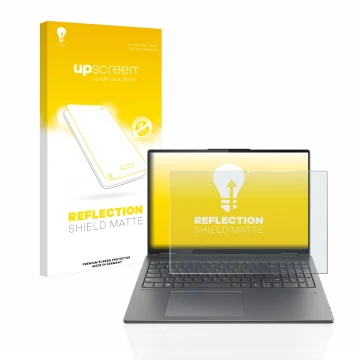 Face avant d’un emballage produit avec le logo de la marque upscreen. À côté, l’appareil Lenovo Yoga 7i Gen 7 16