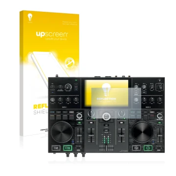 Face avant d’un emballage produit avec le logo de la marque upscreen. À côté, l’appareil Denon DJ Prime Go est représenté avec