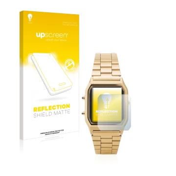 Face avant d’un emballage produit avec le logo de la marque upscreen. À côté, l’appareil Casio AQ-230GA est représenté avec la