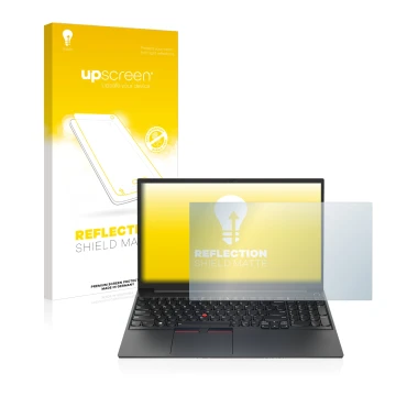 Face avant d’un emballage produit avec le logo de la marque upscreen. À côté, l’appareil Lenovo ThinkPad E15 Gen 4 est représe