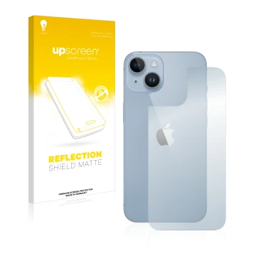 Face avant d’un emballage produit avec le logo de la marque upscreen. À côté, l’appareil Apple iPhone 14 (Arrière) est représe