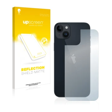 Face avant d’un emballage produit avec le logo de la marque upscreen. À côté, l’appareil Apple iPhone 14 Plus (Arrière) est re