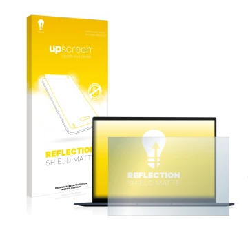 Face avant d’un emballage produit avec le logo de la marque upscreen. À côté, l’appareil ASUS ZenBook 14 OLED est représenté a