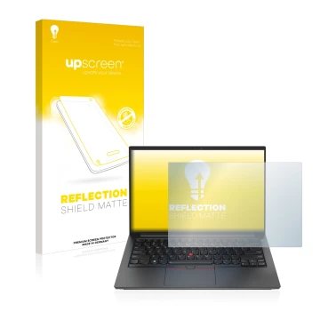 Face avant d’un emballage produit avec le logo de la marque upscreen. À côté, l’appareil Lenovo ThinkPad E14 Gen 4 est représe