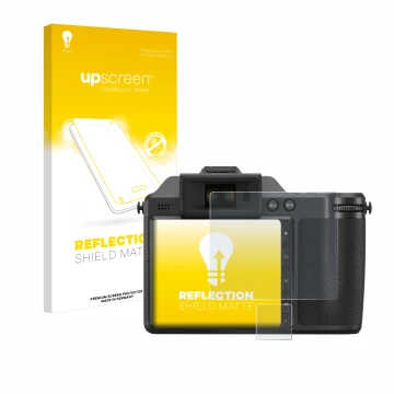 Face avant d’un emballage produit avec le logo de la marque upscreen. À côté, l’appareil Hasselblad X2D 100C est représenté av