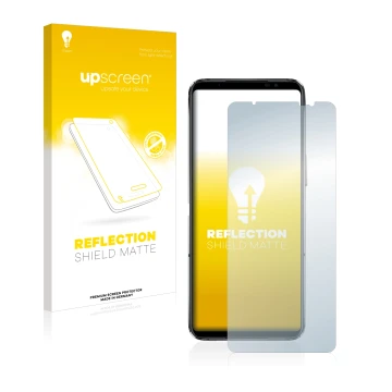 Face avant d’un emballage produit avec le logo de la marque upscreen. À côté, l’appareil ASUS ROG Phone 6D Ultimate est représ