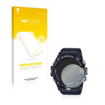 Face avant d’un emballage produit avec le logo de la marque upscreen. À côté, l’appareil Casio G-Shock Mudmaster GG-B100-1AER 