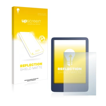 Face avant d’un emballage produit avec le logo de la marque upscreen. À côté, l’appareil Amazon Kindle Reader 2022 est représe