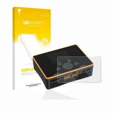 Face avant d’un emballage produit avec le logo de la marque upscreen. À côté, l’appareil Junsi iCharger DX8 Duo est représenté