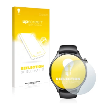 Face avant d’un emballage produit avec le logo de la marque upscreen. À côté, l’appareil Xiaomi Watch S1 Pro est représenté av