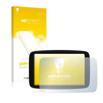 Face avant d’un emballage produit avec le logo de la marque upscreen. À côté, l’appareil TomTom GO Camper Max est représenté a