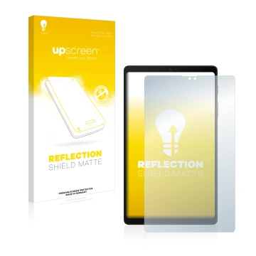 Face avant d’un emballage produit avec le logo de la marque upscreen. À côté, l’appareil Samsung Galaxy Tab A7 Lite 2022 est r
