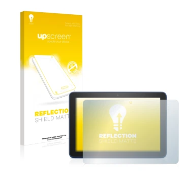 Face avant d’un emballage produit avec le logo de la marque upscreen. À côté, l’appareil Amazon Fire HD 8 Plus 2022 est représ