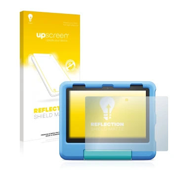 Face avant d’un emballage produit avec le logo de la marque upscreen. À côté, l’appareil Amazon Fire HD 8 Kids 2022 est représ