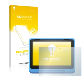 Face avant d’un emballage produit avec le logo de la marque upscreen. À côté, l’appareil Amazon Fire HD 8 Kids Pro 2022 est re