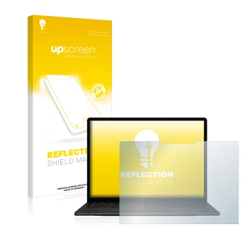 Face avant d’un emballage produit avec le logo de la marque upscreen. À côté, l’appareil Microsoft Surface Laptop 5 15