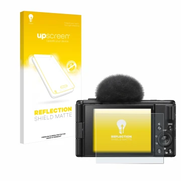 Face avant d’un emballage produit avec le logo de la marque upscreen. À côté, l’appareil Sony ZV-1F est représenté avec la pro