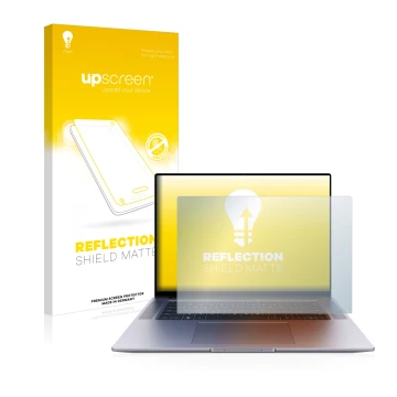 Face avant d’un emballage produit avec le logo de la marque upscreen. À côté, l’appareil Huawei MateBook 16s est représenté av