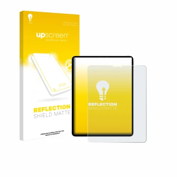 Face avant d’un emballage produit avec le logo de la marque upscreen. À côté, l’appareil Apple iPad Pro 12.9