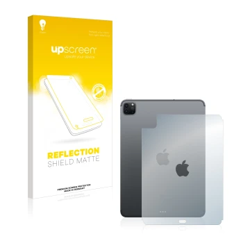 Face avant d’un emballage produit avec le logo de la marque upscreen. À côté, l’appareil Apple iPad Pro 11