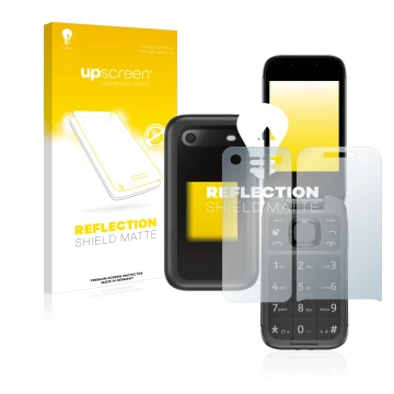 Face avant d’un emballage produit avec le logo de la marque upscreen. À côté, l’appareil Nokia 2660 Flip (Avant+Arrière) est r