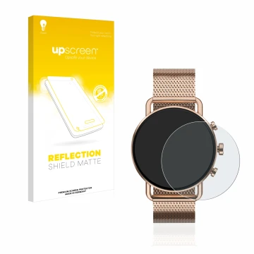 Face avant d’un emballage produit avec le logo de la marque upscreen. À côté, l’appareil Skagen Falster Gen 6 (41 mm) est repr