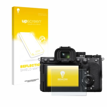 Face avant d’un emballage produit avec le logo de la marque upscreen. À côté, l’appareil Sony Alpha 7R V / a7R V est représent