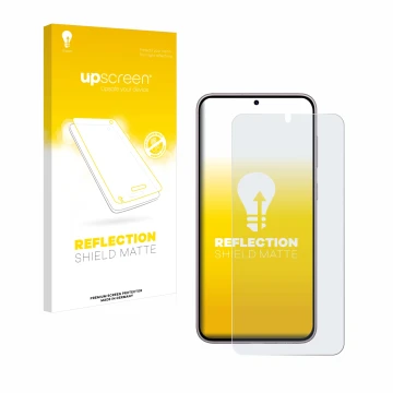 Face avant d’un emballage produit avec le logo de la marque upscreen. À côté, l’appareil Samsung Galaxy S23 Plus est représent
