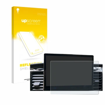 Face avant d’un emballage produit avec le logo de la marque upscreen. À côté, l’appareil Ford Transit SYNC 4 est représenté av