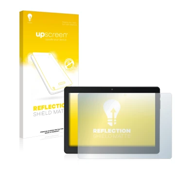 Face avant d’un emballage produit avec le logo de la marque upscreen. À côté, l’appareil Acepad A145 10.1