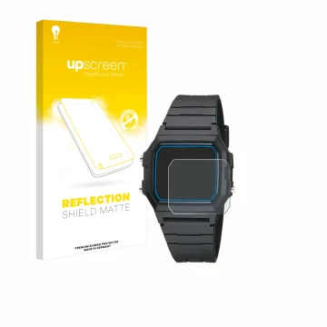 Face avant d’un emballage produit avec le logo de la marque upscreen. À côté, l’appareil Casio F-105W-1AWYEF est représenté av