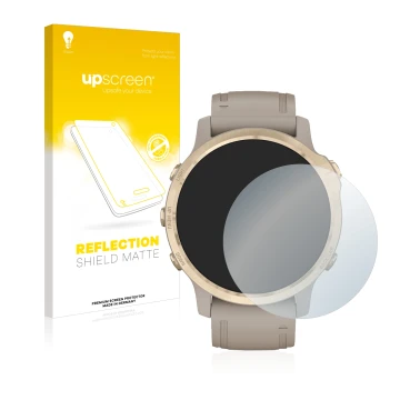 Face avant d’un emballage produit avec le logo de la marque upscreen. À côté, l’appareil Garmin Fenix 6S Pro Solar est représe